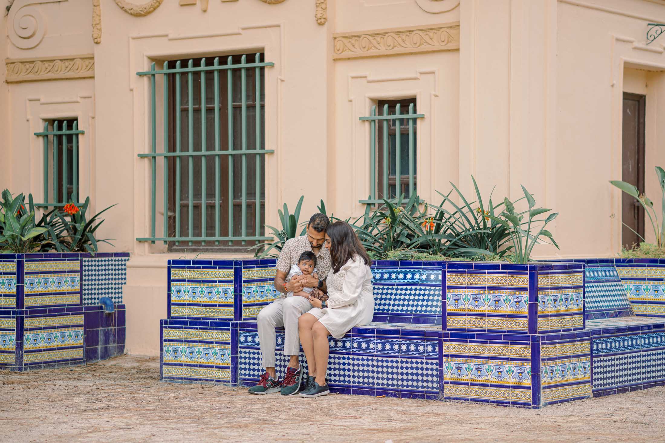 Family Photoshoot with a baby in Viveros Royal Gardens, Valencia, Spain